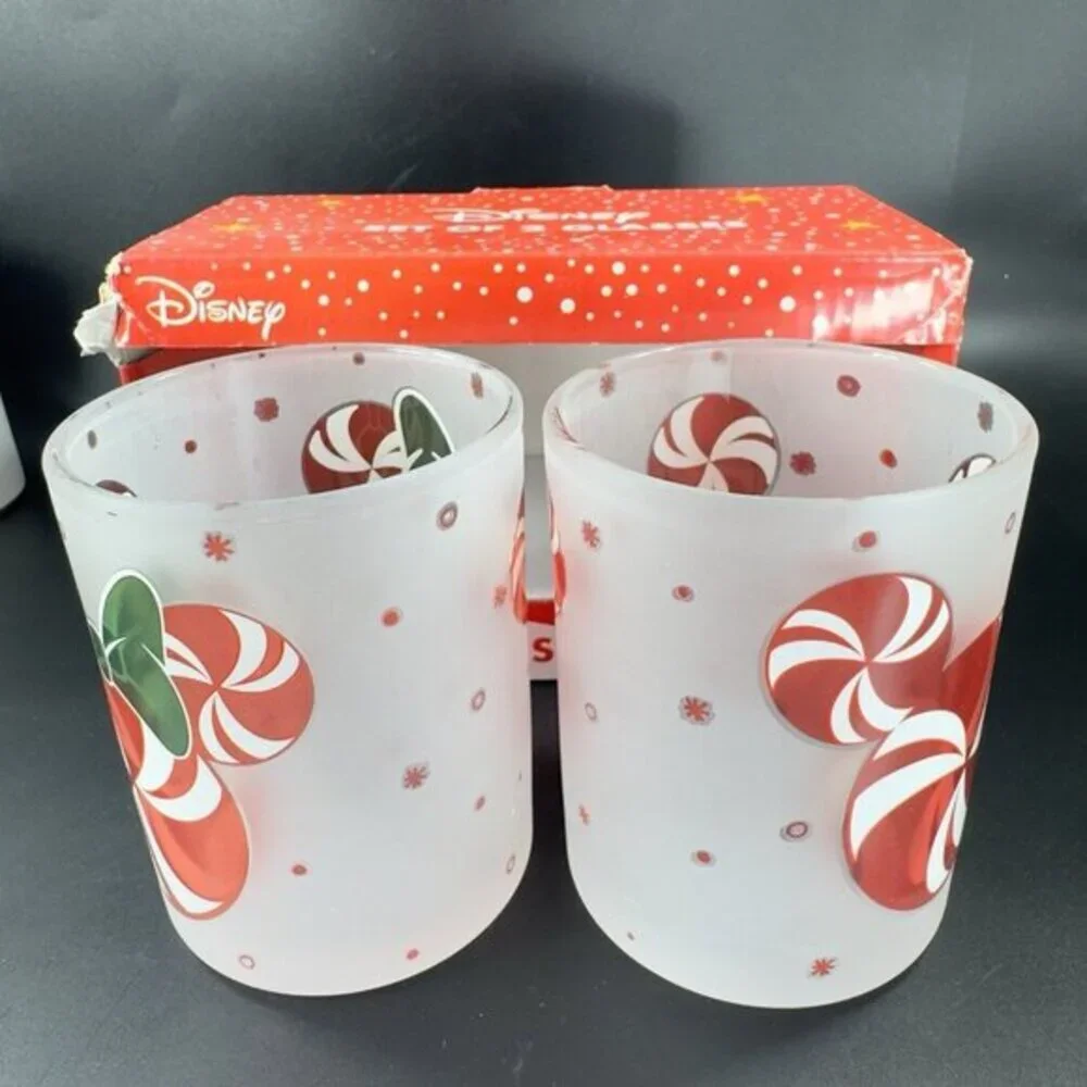 Disney Christmas Peppermint Cup Lowball Tumbler Set 2 New In‎ Box Clear Frosted